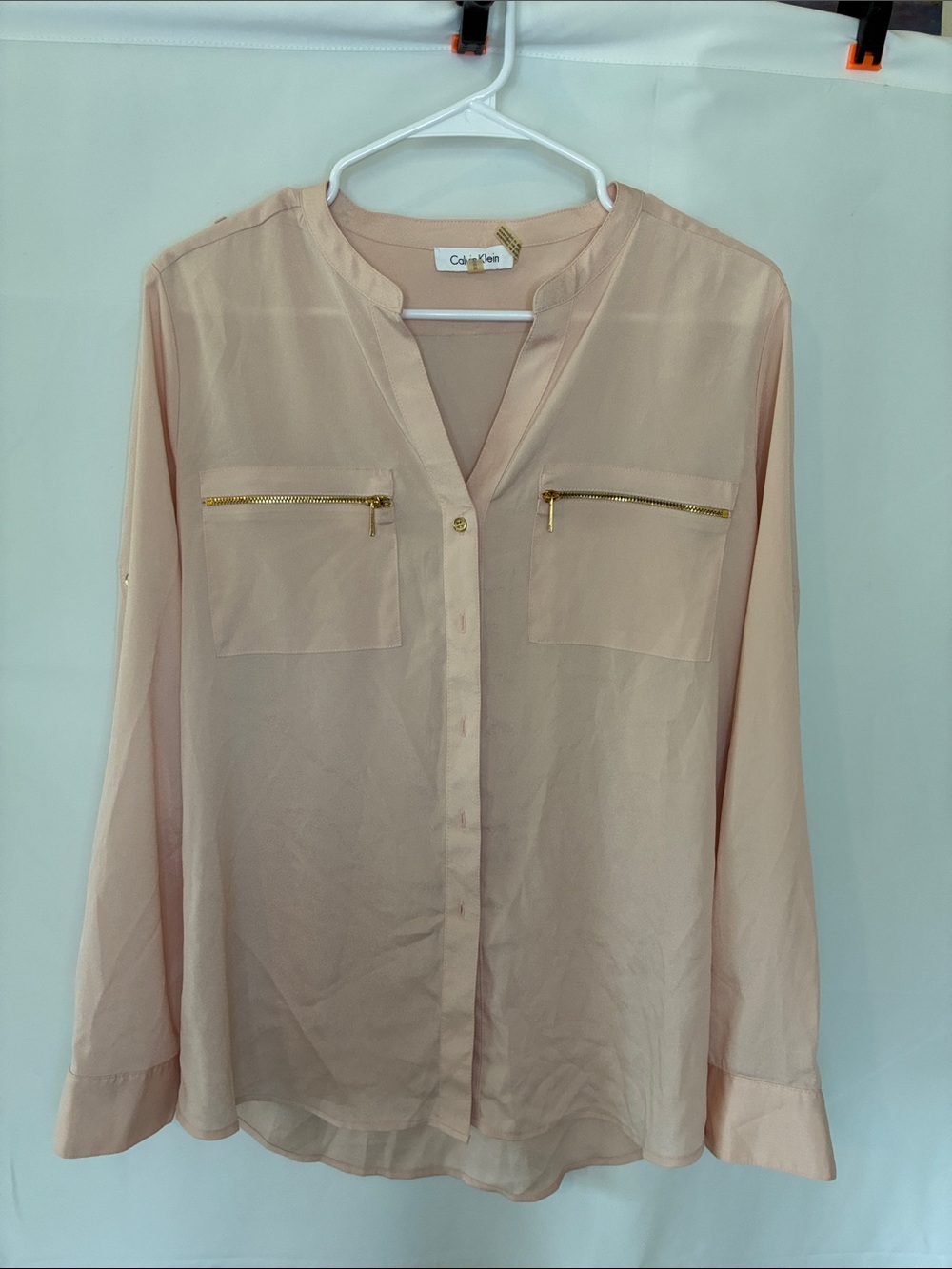 Calvin Klein Soft Blush Button-Front Pocket Blouse with Gold Zips